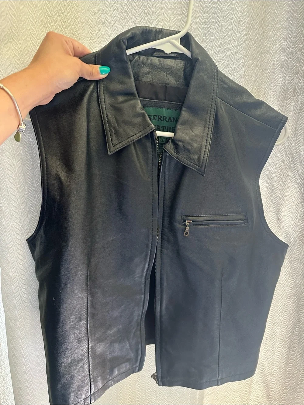 Serra Black Leather Sleeveless Zip Vest with Chest Pocket